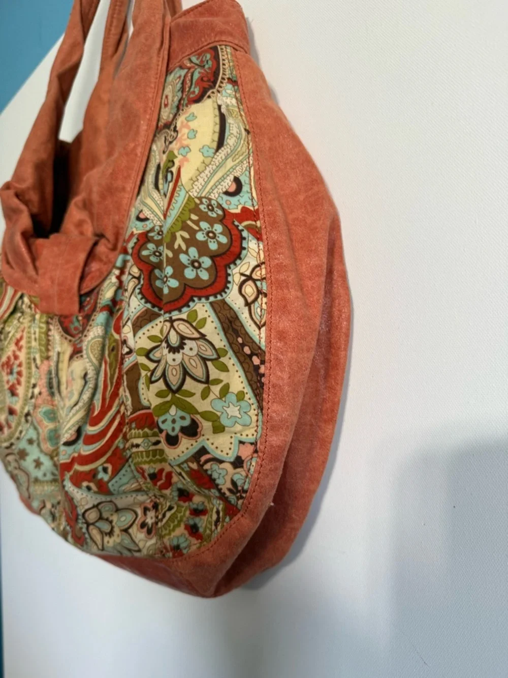 Ebisu Boho Paisley Print Hobo Bag with Large Bow Accent Orange Coral